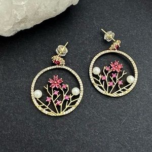 Floral Dangling Hoops gold earrings cz stones faux pearls